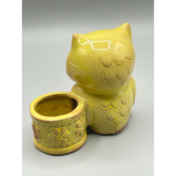 Vintage Small Owl Planter Yellow Glaze Red Clay Pottery Bird Kitsch Home Decor - Picture 5 of 9